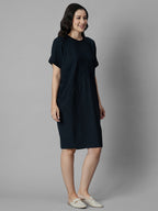 Women's Navy Cotton Elastane Boxy Fit Knit Dress
