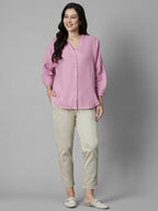 Women's Pink 100% Linen Regular Fit Blouse